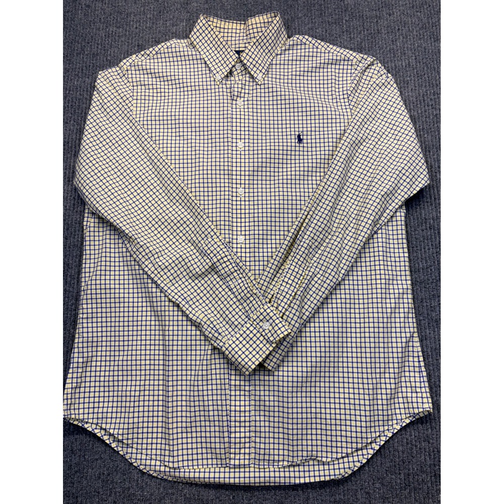 Polo Ralph Lauren Mens Gingham Check Button Down Shirt Yellow Navy Blue Large